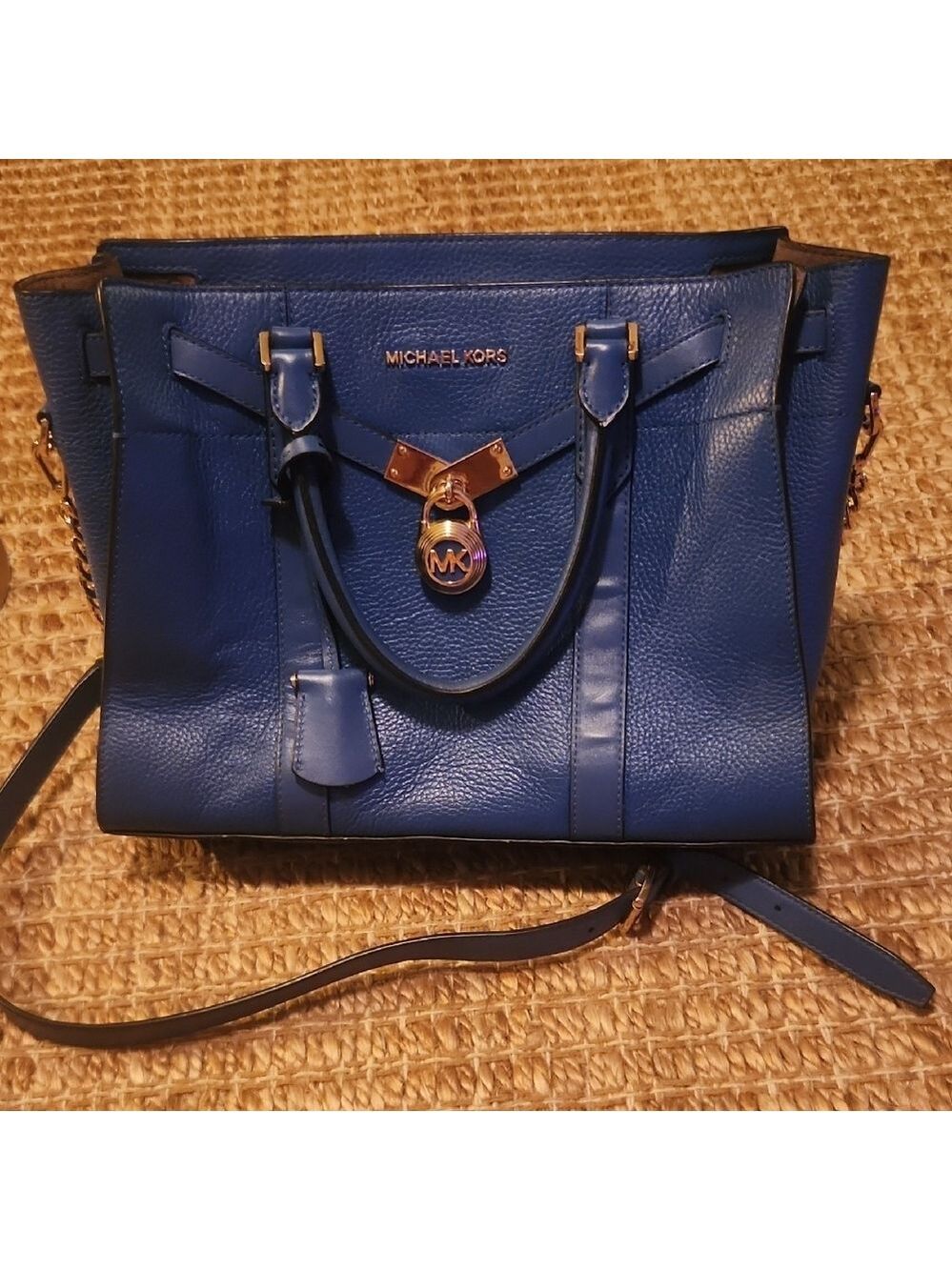 Michael Kors Blue Leather Satchel Structured Tote with Gold Lock And Chain Strap
